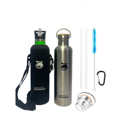 Bình giữ nhiệt 48H GreenHand inox cao cấp 1000ml kèm túi vải, gói 2 nắp, bộ ống hút và cọ vệ sinh tiện lợi
