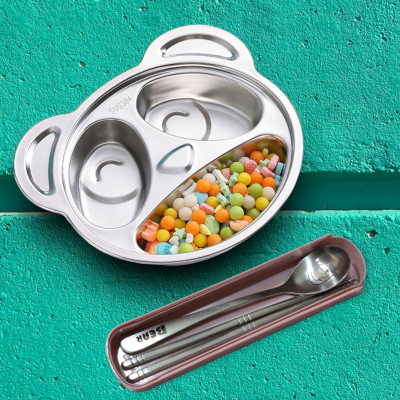 khay cơm,khay ăn dặm hình gấu Bear cho các bé inox 304 cao cấp 100% ( tặng hộp thìa đũa bear)