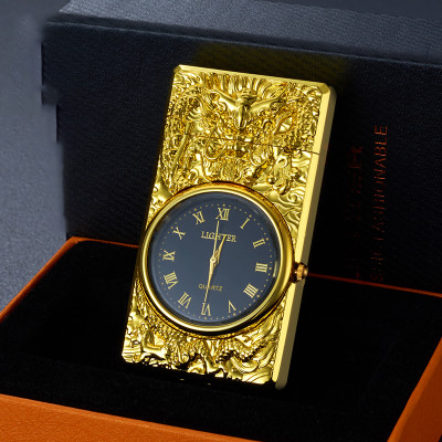 Vỏ Hột Quẹt Bật Lửa Gas HF602 Khò 1 Tia Hình Rồng Vàng Kiêm Đồng Hồ La Mã