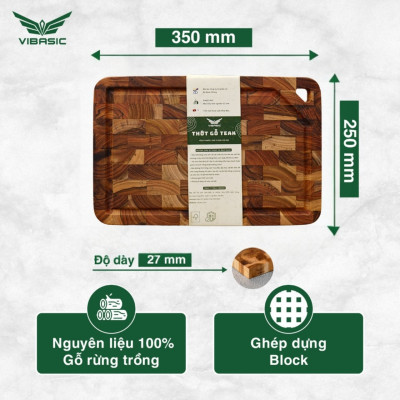 Thớt gỗ Teak Vibasic ghép dựng block, kích thước 300x200x25mm có lỗ treo - Hàng chính hãng Bộ Quốc Phòng