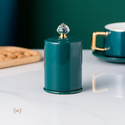 Lọ Đựng Tăm Xanh Sứ Hoa Văn Hươu Cao Cấp Vàng Kim 2022 | Hũ sứ có nắp đậy đính đá size To