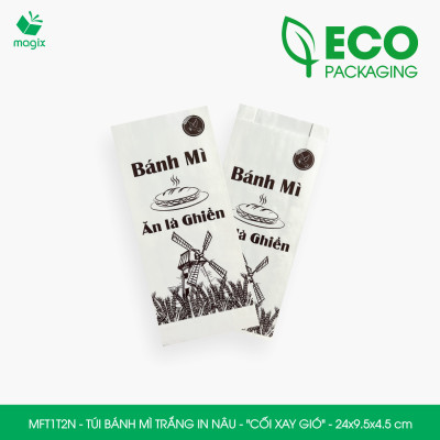MFT1T2N - 24x9.5x4.5 cm - 200 Túi bánh mì Trắng, in sẵn họa tiết CỐI XAY GIÓ - Bao bánh mì Túi giấy thực phẩm an toàn