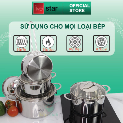 Bộ nồi 3 lớp đáy liền inox 304 cao cấp Fivestar Plus 4 món quai oval nắp kính , tặng 10 muỗng ăn