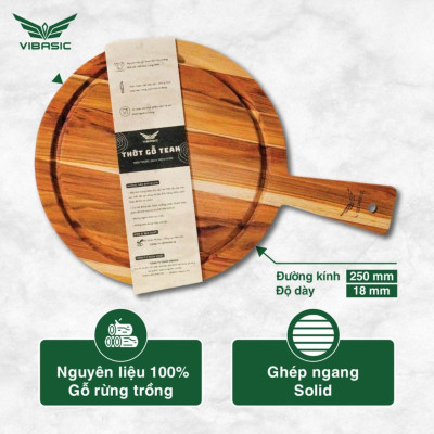 Thớt Gỗ Teak kháng khuẩn Vibasic hình tròn có tay cầm kích thước 25x1.8cm - Hàng chính hãng Bộ Quốc Phòng
