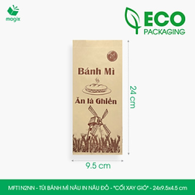 MFT1N2NN - 24x9.5x4.5 cm - 1000 Túi bánh mì Nâu, in sẵn họa tiết CỐI XAY GIÓ - Bao bánh mì Túi giấy thực phẩm an toàn