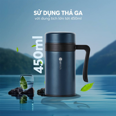 Ly giữ nhiệt inox 304 Elmich EL8329 450ml, Hàng chính hãng, có tay cầm, có khay lọc trà, miệng rộng dễ vệ sinh - JoyMall
