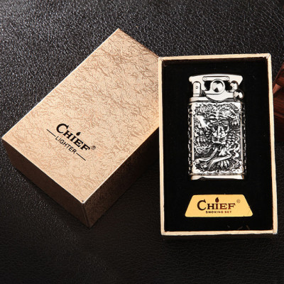 Vỏ Hột Quẹt Bật Lửa Chief CF018-60Y Khắc họa tiết hoa văn Kì Lân đẹp độc lạ - Dùng Xăng Đá Cao Cấp