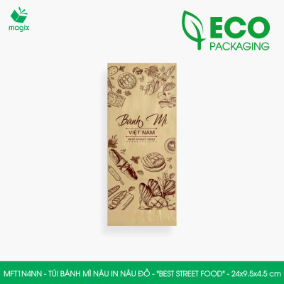 MFT1N4NN - 24x9.5x4.5 cm -100 Túi bánh mì Nâu, in sẵn họa tiết BEST STREET FOOD - Bao bánh mì Túi giấy thực phẩm an toàn