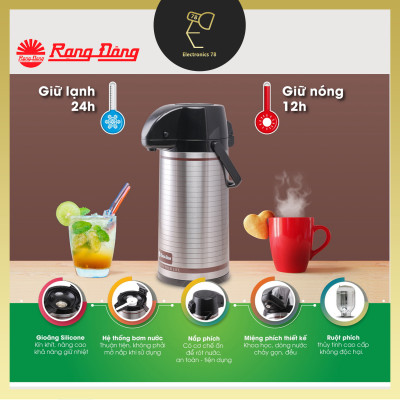 Phích giữ nhiệt Inox cao cấp Rạng Đông - 2045 ST3.E [2 Lít - Nút ấn rót nước - Đế xoay 360 độ]