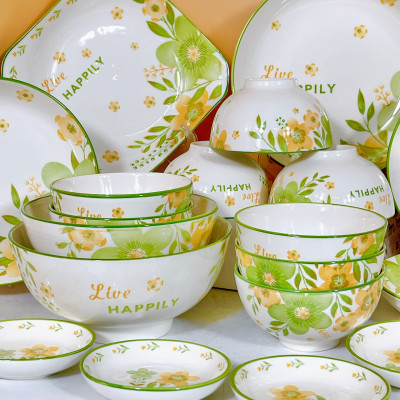 Bộ Bát Đĩa Cao Cấp Gosu Phong Cách hoa xanh mùa hạ hạnh phúc, họa tiết sắc nét độc đáo