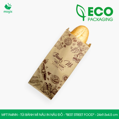 MFT1N4NN - 24x9.5x4.5 cm -100 Túi bánh mì Nâu, in sẵn họa tiết BEST STREET FOOD - Bao bánh mì Túi giấy thực phẩm an toàn