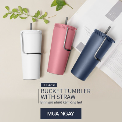 Bình giữ nhiệt Lock&Lock Bucket Tumbler Nắp đậy có ống hút - Màu Trắng LHC4268WHT 540ml - Hàng chính hãng thép không gỉ quai xách tiện lợi - JoyMall
