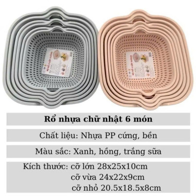 Set 6 Rổ Chậu Vuông Nhựa An Toàn - Tiện Dụng Cho Nhà Bếp Và Gia Đình - HÀNG CHÍNH HÃNG MINIIN