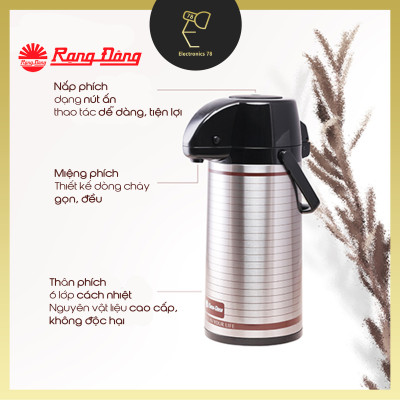 Phích giữ nhiệt Inox cao cấp Rạng Đông - 2045 ST3.E [2 Lít - Nút ấn rót nước - Đế xoay 360 độ]