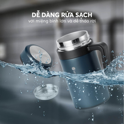 Ly giữ nhiệt inox 304 Elmich EL8329 450ml, Hàng chính hãng, có tay cầm, có khay lọc trà, miệng rộng dễ vệ sinh - JoyMall