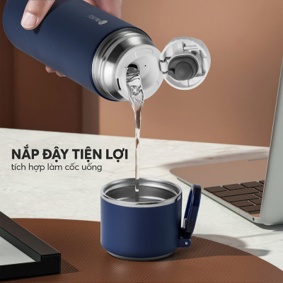 Bình giữ nhiệt inox 316 Elmich EL8315 480ml, Hàng chính hãng, nắp dùng làm cốc, có lưới lọc -JoyMall