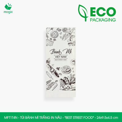 MFT1T4N - 24x9.5x4.5 cm - 500 Túi bánh mì Trắng, in sẵn họa tiết BEST STREET FOOD - Bao bánh mì Túi giấy thực phẩm an toàn