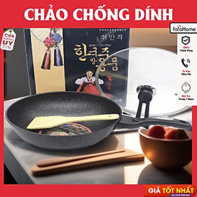 Chảo Chống Dính Sâu Lòng, Chảo Vân Đá Có Nắp Kính, Dùng Được Các Loại Bếp Tặng Kèm Muỗi Gỗ