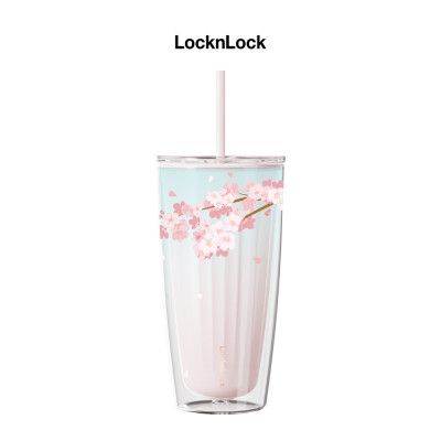 Ly nhựa 2 lớp Lock&Lock màu hồng anh đào HAP522PIK 750ml - Hàng chính hãng, có ống hút, có nắp đậy - JoyMall