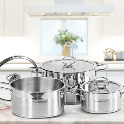 Bộ 3 nồi inox 5 đáy cao cấp bếp từ SUNHOUSE MAMA SH784 kích thước 16 - 20 - 24 CM (dùng được mọi loại bếp)