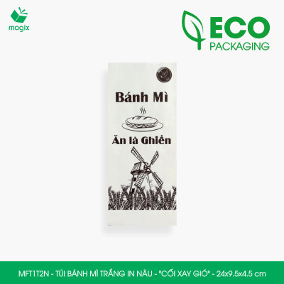 MFT1T2N - 24x9.5x4.5 cm - 500 Túi bánh mì Trắng, in sẵn họa tiết CỐI XAY GIÓ - Bao bánh mì Túi giấy thực phẩm an toàn