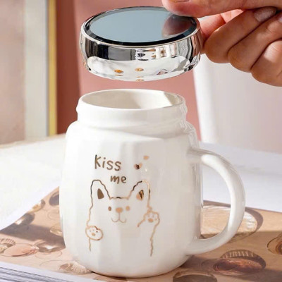 Cốc Sứ Nắp Gương Hình Động Vật Dễ Thương, Ly Sứ Nắp Quai Cầm Tiện Lợi 450ml - HÀNG CHÍNH HÃNG MINIIN