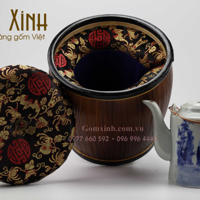 Bao ủ ấm Bát Tràng_giỏ ủ ấm kèm bộ tích 0.75 lít men Lam Cổ vàng kim