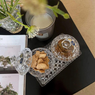 SET HŨ ĐỰNG ĐƯỜNG, BÁNH KẸO PHA LÊ 3 MÓN BOHEMIA CRYSTAL (1 đĩa + 2 thố) Hàng chính hãng