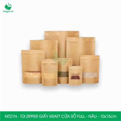 MTZ1N - 10x15cm - Combo 100 Túi Zipper giấy Kraft Nâu đáy đứng có cửa sổ