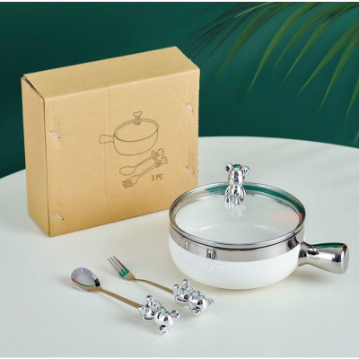 Tô sứ có tay cầm kèm nắp muỗng gấu bearbrick Lucky, Thố, Bát Sứ, Thố Úp Mì Nắp Gấu decor bàn ăn Kèm muỗng nĩa Sang Trọng, Bát Ăn Dặm baby Kid 