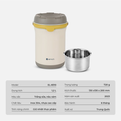 Bình đựng thức ăn giữ nhiệt inox 304 Elmich EL8310 1.2L, Hàng chính hãng, quai xách silicone,nắp có thể tháo rời-JoyMall