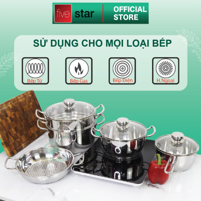 Bộ nồi chảo xửng hấp 3 Đáy Inox 430 cao cấp Fivestar Standard 6 món bếp từ nắp kính , tặng 1 vá canh