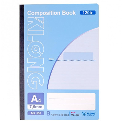 Sổ kẻ ngang may dán gáy Composition book KLONG A4 120 trang 56/84; MS: 308