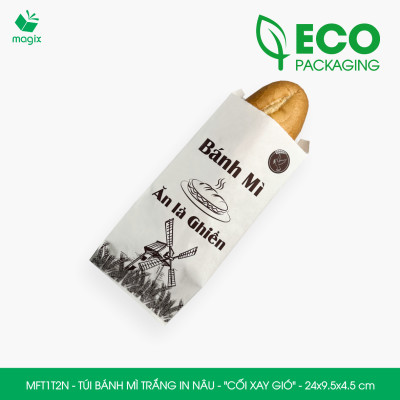 MFT1T2N - 24x9.5x4.5 cm - 1000 Túi bánh mì Trắng, in sẵn họa tiết CỐI XAY GIÓ - Bao bánh mì Túi giấy thực phẩm an toàn