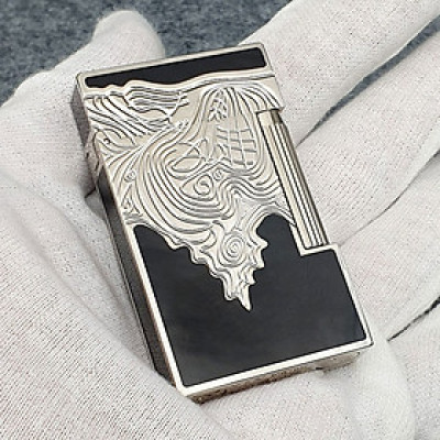 Vỏ Hột Quẹt Bật Lửa Upon D103B Sơn Mài Họa Tiết Khắc Chìm Đen Bạc - Dùng Gas Đá Cao Cấp