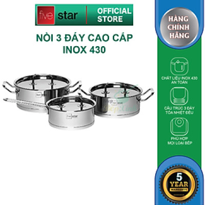 Bộ nồi quánh 3 đáy inox 430 Fivestar Standard bếp từ nắp inox (1 quánh 16cm x 1 nồi 18cm x 1 nồi 20cm ) , tặng 5 muỗng