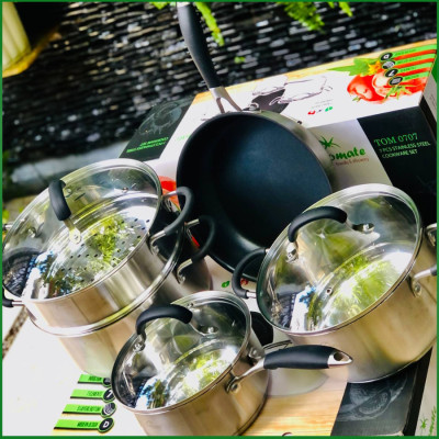 Bộ Nồi Chảo Tomate Inox 304 – 8 Món TOM 0708 - 5 lớp đáy - nồi từ - nắp kính