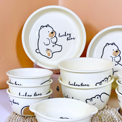 Bộ Bát Đĩa Thương Hiệu GOSU Họa Tiết Gấu Vàng Nước Men Sáng Đẹp Chất Lượng Cao