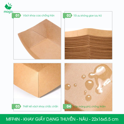 MFP4N - 22x16x5.5 cm - 100 khay giấy dáng thuyền đựng thức ăn, khay giấy đựng món tráng miệng