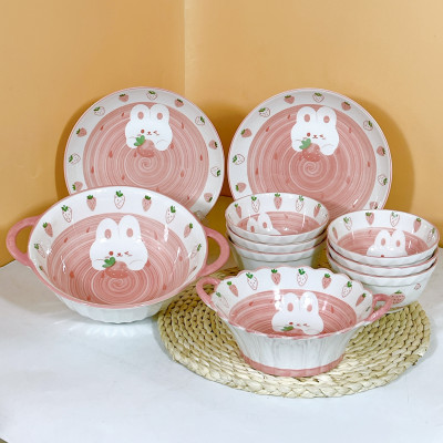 Bộ Bát Đĩa Cao Cấp Thỏ Hồng Thương Hiệu Gosu Men Sáng Đẹp Dễ Thương