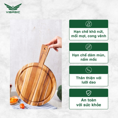 Thớt Gỗ Teak kháng khuẩn Vibasic hình tròn có tay cầm kích thước 25x1.8cm - Hàng chính hãng Bộ Quốc Phòng