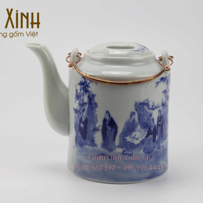 Bao ủ ấm Bát Tràng_giỏ ủ ấm kèm bộ tích 0.75 lít men Lam Cổ vàng kim