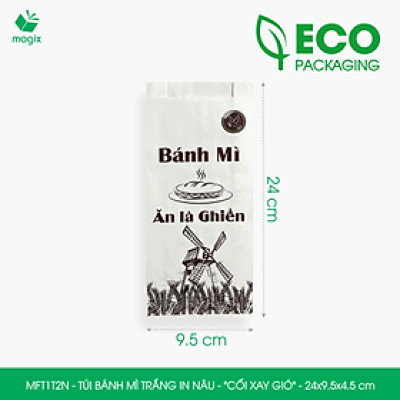 MFT1T2N - 24x9.5x4.5 cm - 500 Túi bánh mì Trắng, in sẵn họa tiết CỐI XAY GIÓ - Bao bánh mì Túi giấy thực phẩm an toàn