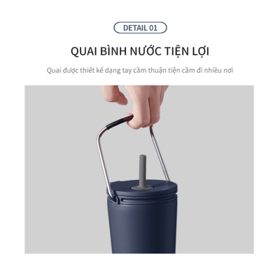 Bình giữ nhiệt Lock&Lock Bucket Tumbler Nắp đậy có ống hút - Màu xanh navy LHC4268NVY 540ml - Hàng chính hãng thép không gỉ quai xách tiện lợi - JoyMall