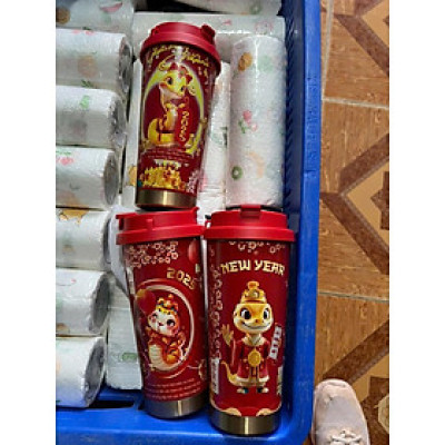 Ly, cốc giữ nhiệt Coffee  mầu đỏ Linh Chi Bedding Họa tiết con rắn 2025 sang trọng 500ml kèm ống hút