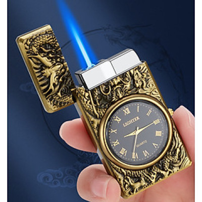 Vỏ Hột Quẹt Bật Lửa Gas HF602 Khò 1 Tia Hình Rồng Vàng Kiêm Đồng Hồ La Mã