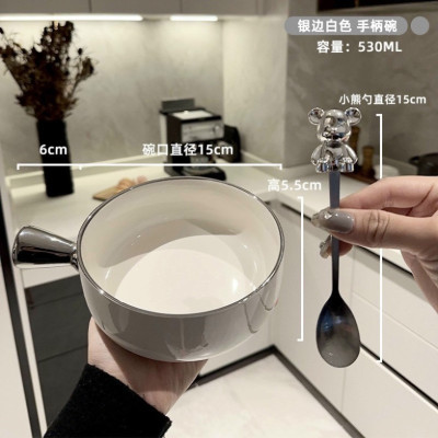 Tô sứ có tay cầm kèm nắp muỗng gấu bearbrick Lucky, Thố, Bát Sứ, Thố Úp Mì Nắp Gấu decor bàn ăn Kèm muỗng nĩa Sang Trọng, Bát Ăn Dặm baby Kid 