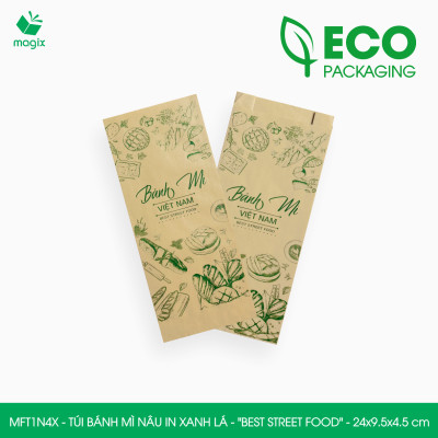MFT1N4X - 24x9.5x4.5 cm - 1000 Túi bánh mì Nâu, in sẵn họa tiết BEST STREET FOOD - Bao bánh mì Túi giấy thực phẩm an toàn