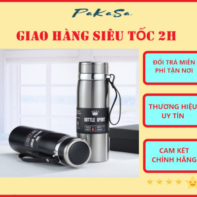 Bình Nước Giữ Nhiệt 2 Lớp Bottle sport Chất Liệu Inox Có Quai Xách Bằng Da Cao Cấp Hàng Chuẩn Loại 1 - Chính Hãng