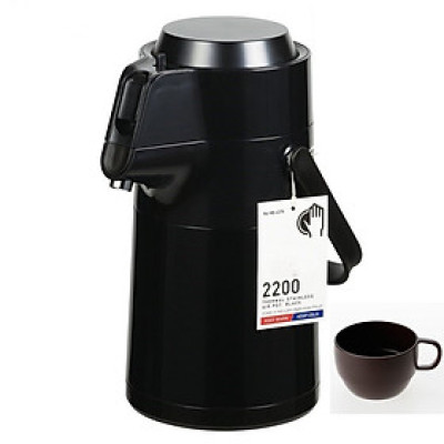 Combo phích giữ nhiệt Pearl Life 2.2L đen + kèm 6 cốc có quai 350ml nâu